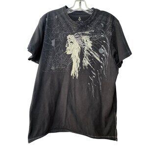 Aces & Eights Black T-Shirt Native American Skull Lg Outside White Stitch Faded